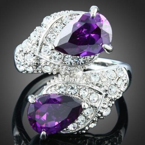 18k Wgp Dual Teardrop Purple Rhinestone Crystal Ring